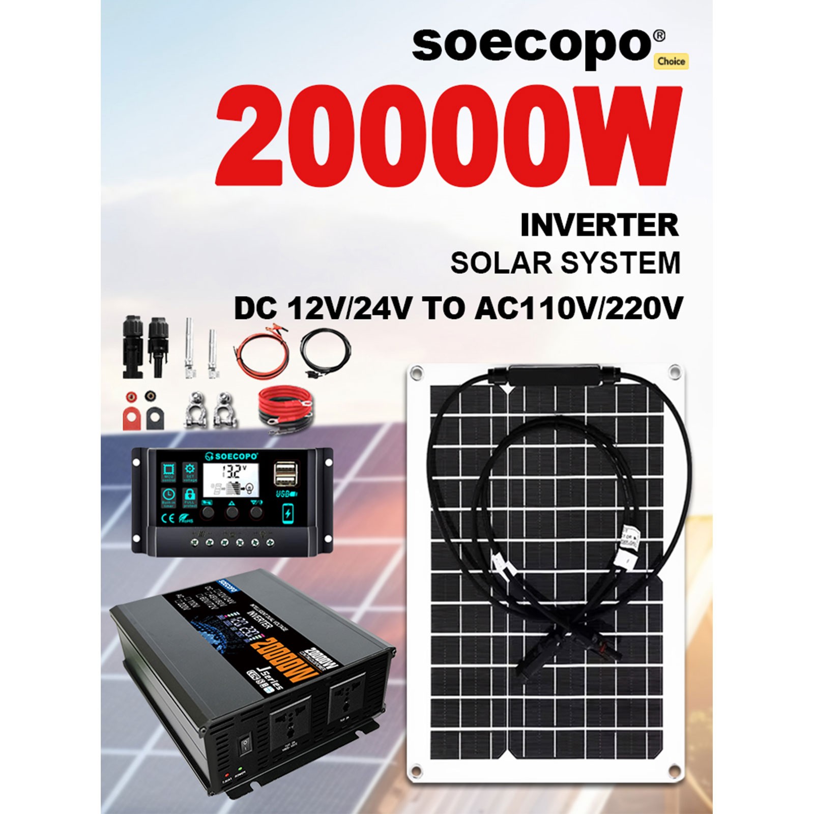 20000W Peak Solar System Kit Flexible Panel DC 12V/24V To AC 110V/220V Inverter
