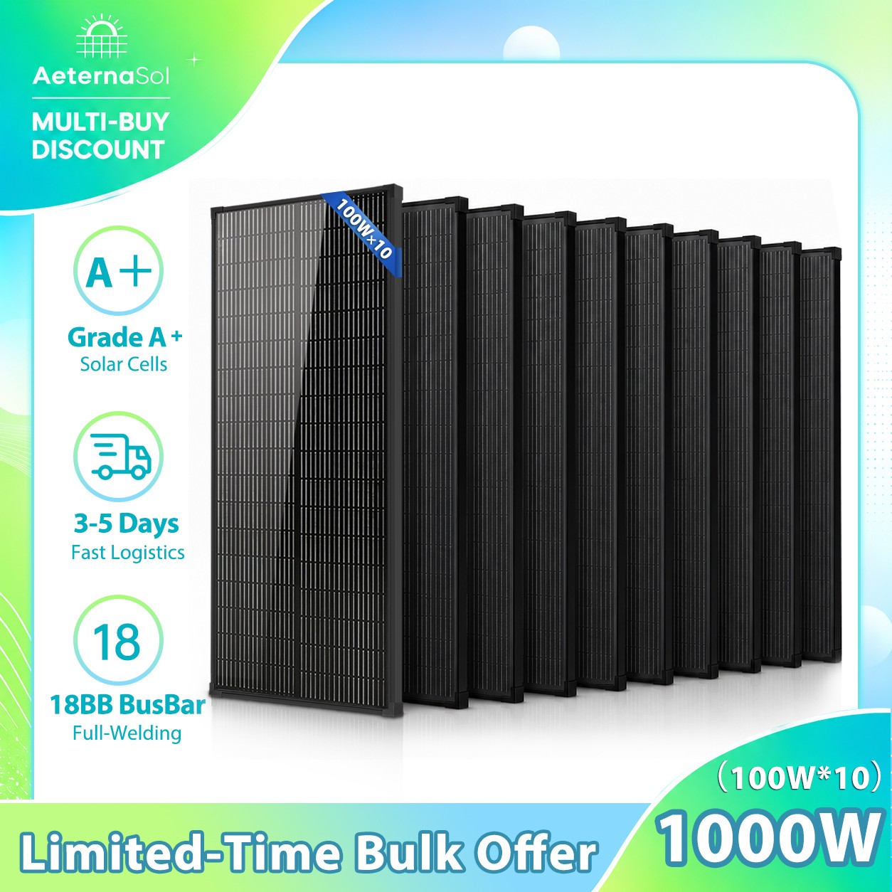 AternaSol 10Pack 100W Solar Panel Mono 18V N-Type PV Off-Grid RV Home Roof Boat