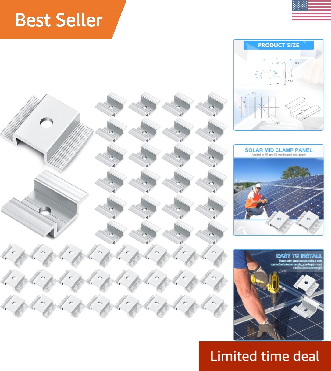 48 Count Solar Panel Mid Clamps – Rust-Resistant Aluminum for Long-Lasting Use