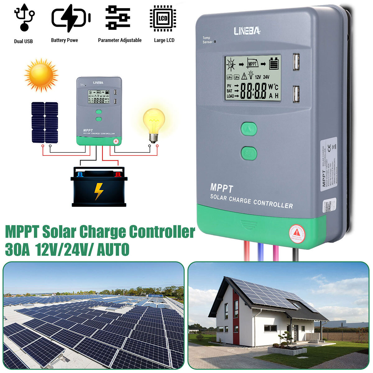 Solar Panel Regulator MPPT Charge Controller Auto Focus Tracking 30-100A 12V/24V