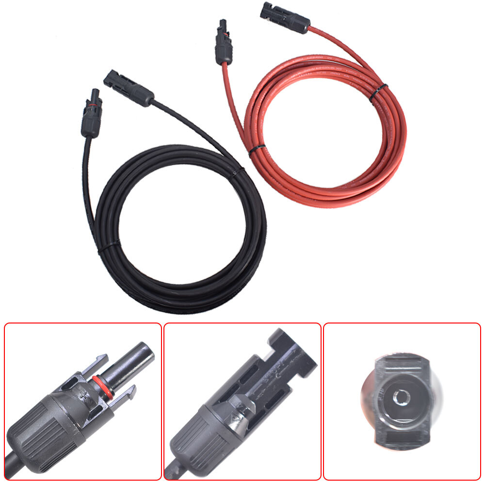 Black + Red Solar Panel Extension Cable Wire Connector 12AWG 10ft Pair New